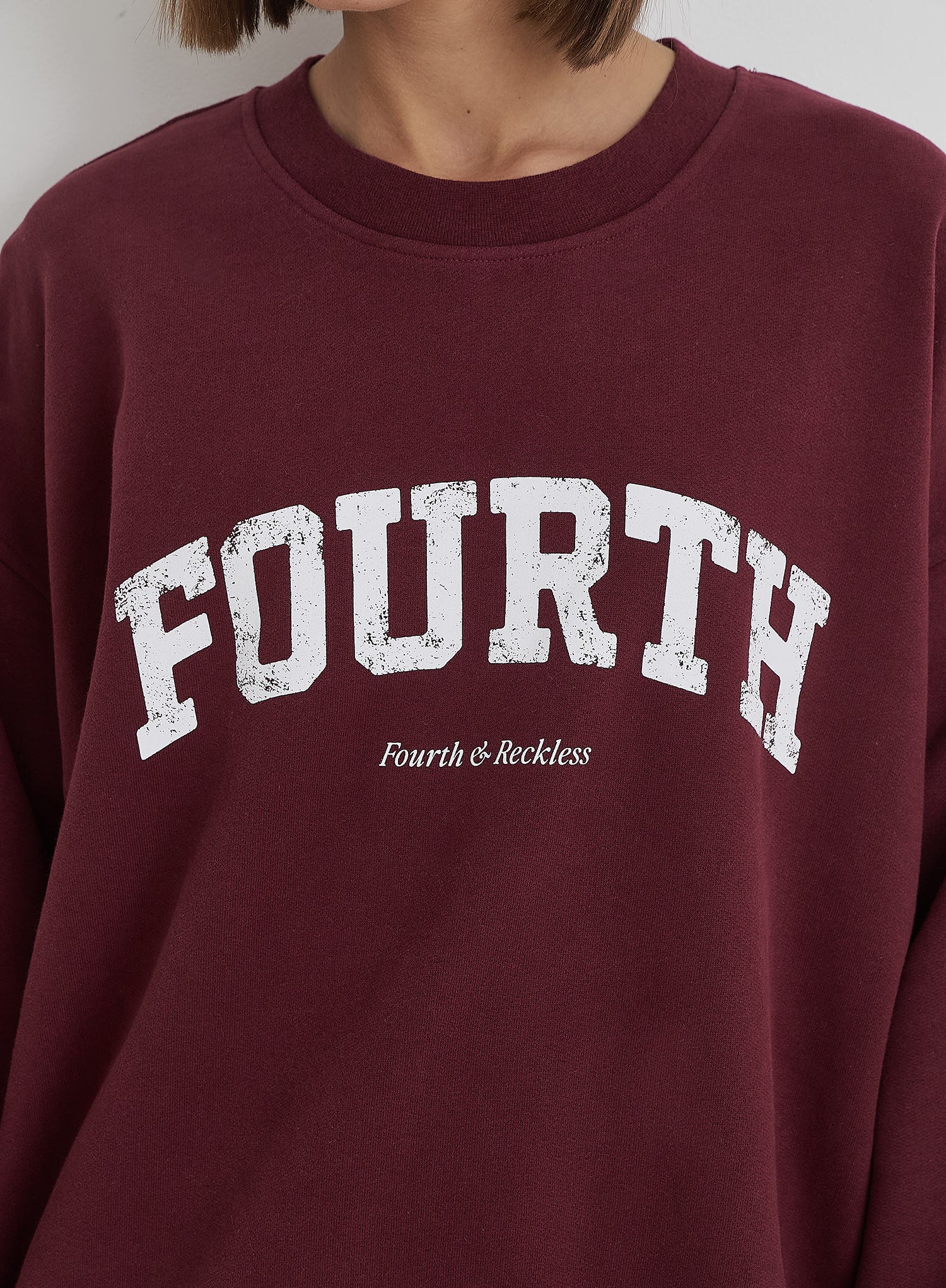 Burgundy Distressed Fourth Slogan Oversized Sweatshirt